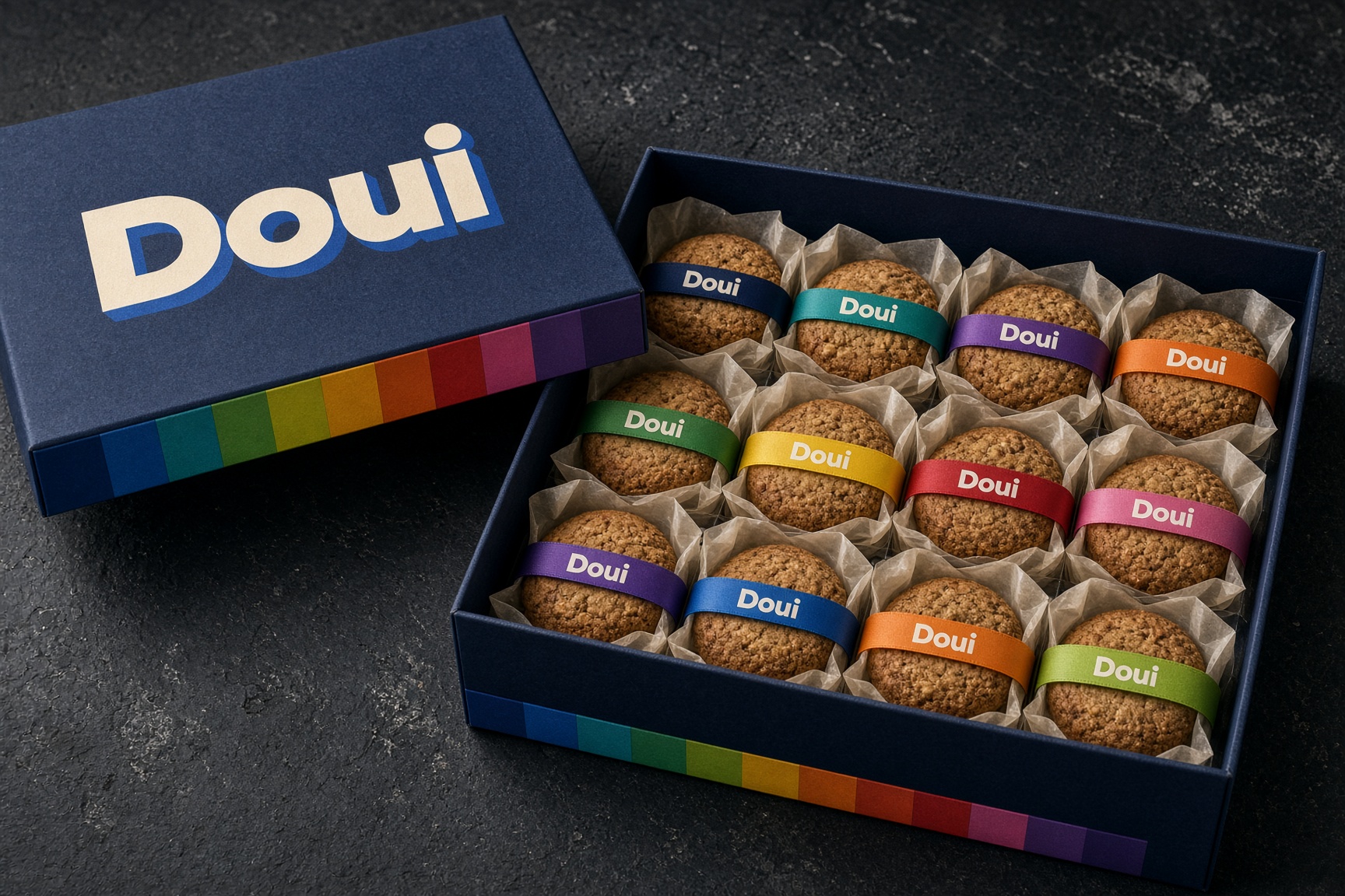 La caja de doce abierta, con las doce galletas envueltas en papel y su cinta de color
