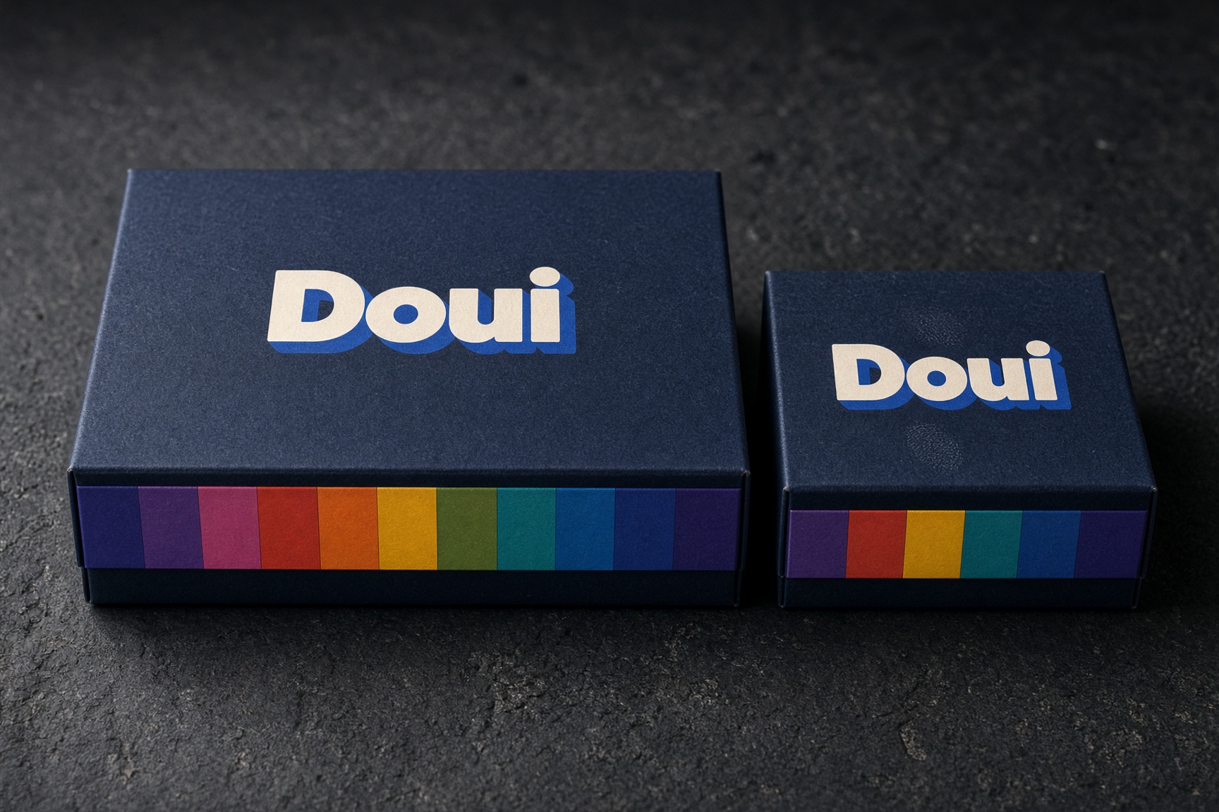 Las dos cajas de Doui juntas: la de doce y, al lado, la de media docena, la mitad de tamaño